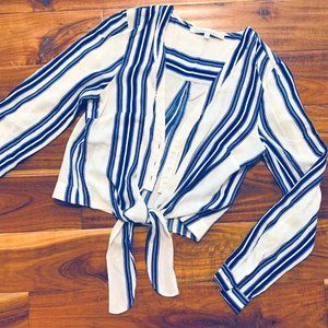 Long sleeve blue and white stripe blouse with tie